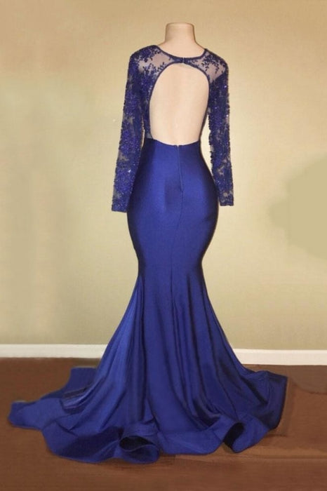 Long Sleeve Lace Backless Royal Blue Mermaid Prom Dress - Prom Dresses