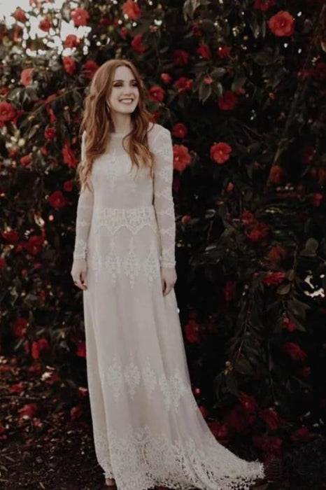 Beautiful Boho Lace Long Sleeve Wedding Dress - Bridelily Beautiful Boho Lace Long Sleeve Wedding Dress - Bridelily