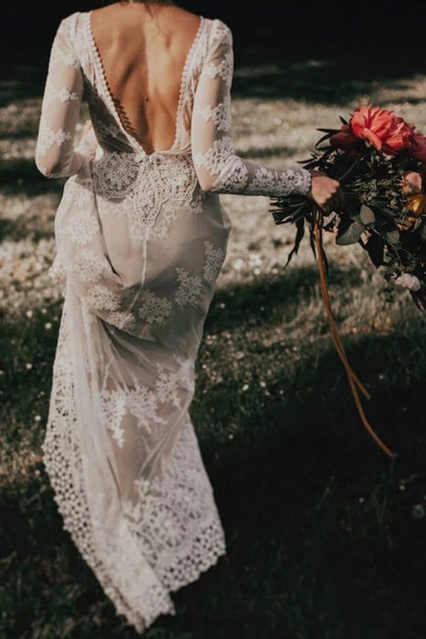 Beautiful Boho Lace Long Sleeve Wedding Dress - Bridelily Beautiful Boho Lace Long Sleeve Wedding Dress - Bridelily