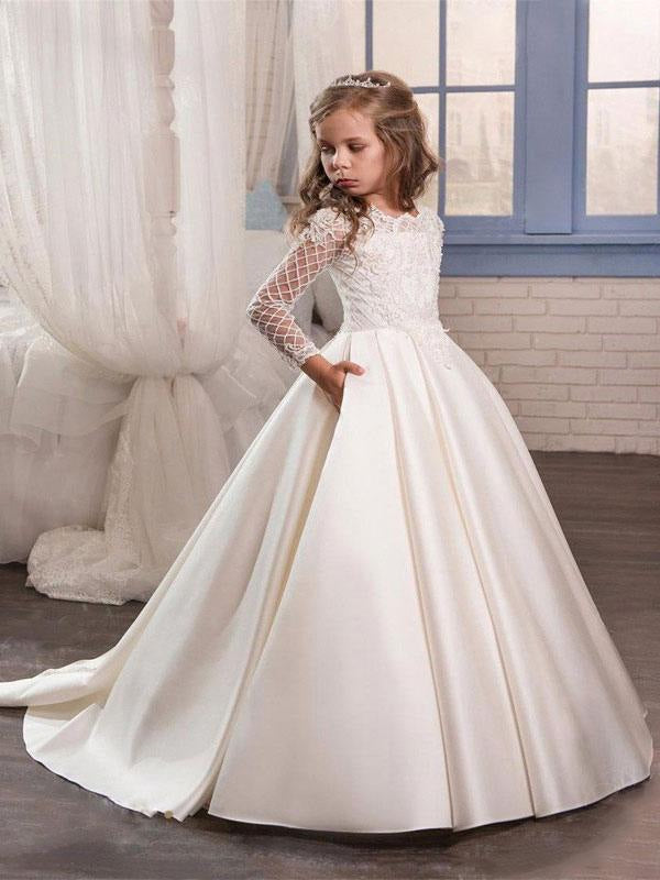Long Sleeve Lace Flower Girl Dresses Balll Gowns For Girls-Bridelily Long Sleeve Lace Flower Girl Dresses Balll Gowns For Girls-Bridelily