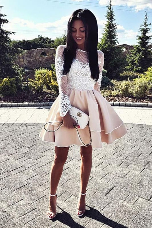 Elegant Short White Dress Long Sleeve Satin Homecoming Dress Short A-Line Lace Party Dres-Bridelily Elegant Short White Dress Long Sleeve Satin Homecoming Dress Short A-Line Lace Party Dres-Bridelily