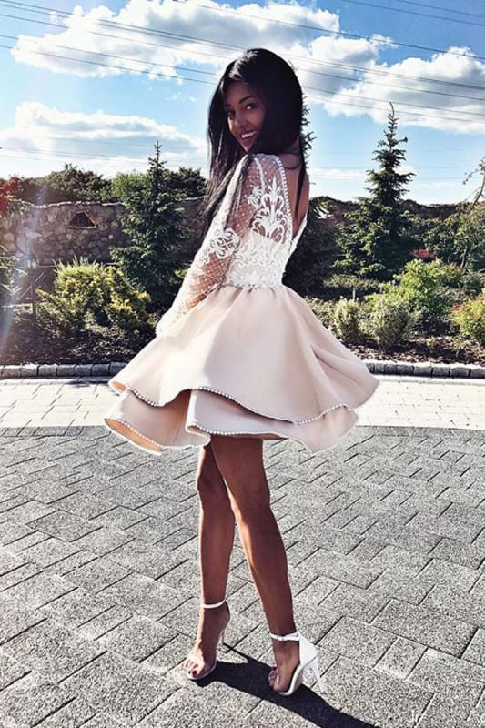Long Sleeve Satin Homecoming Dress Short A-Line Lace Party Dres-Bridelily