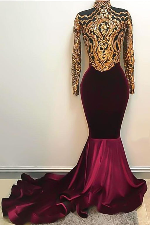 Long Sleeve Sequins Burgundy Mermaid Velvet Prom Dress - Prom Dresses