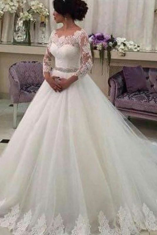 Long Sleeves Ball Gowns Lace CustomizedTulle Wedding Dress - Wedding Dresses