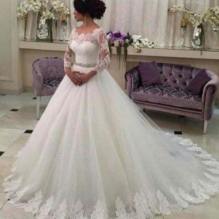 Long Sleeves Ball Gowns Lace CustomizedTulle Wedding Dress - Wedding Dresses