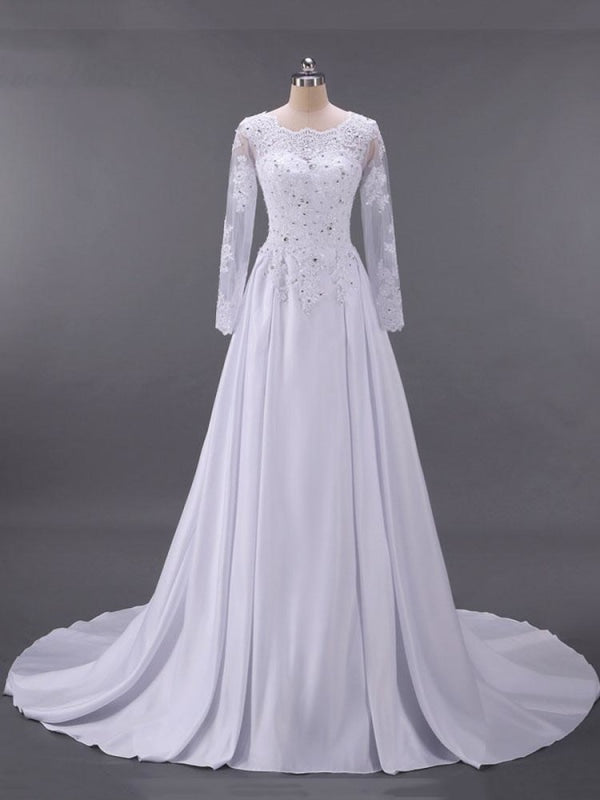 Long Sleeves Beaded Zipper Sweep Train Wedding Dresses - White / Floor Length - wedding dresses