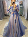 Long Sleeves Blue Lace Long Prom Dresses, Blue Lace Formal Evening Dresses