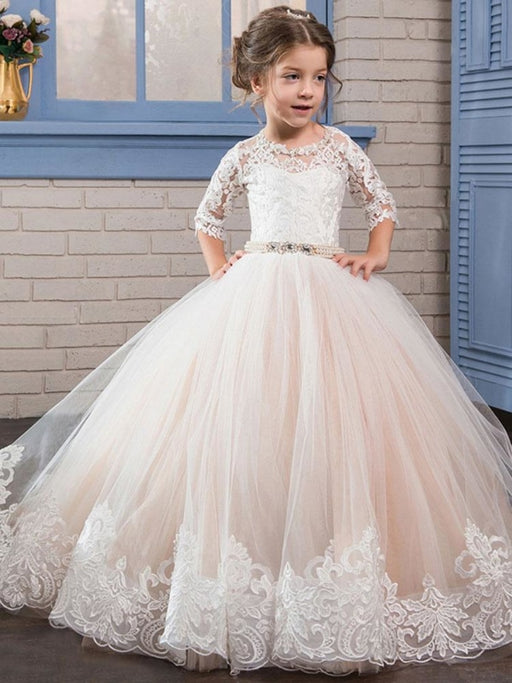 Flower Girl Dresses Jewel Neck Lace Long Sleeves Floor-Length Princess Silhouette Embroidered Formal Kids Pageant Dresses