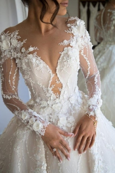 Long Sleeves Floral Lace Bridal Gown V-Neck Wedding Dress - 婚纱