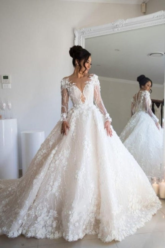 Long Sleeve Lace Wedding Dress V-Neck Bridal Gown with Chapel Train-Bridelily Long Sleeve Lace Wedding Dress V-Neck Bridal Gown with Chapel Train-Bridelily