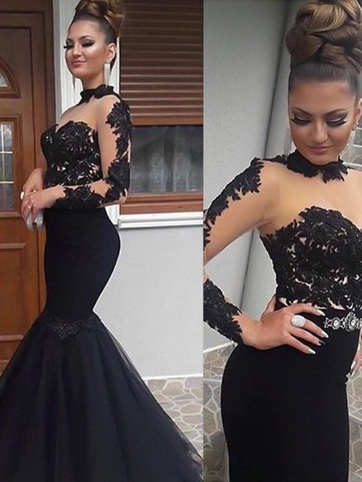 Long Sleeves High Neck Floor-Length With Applique Tulle Dresses - Prom Dresses