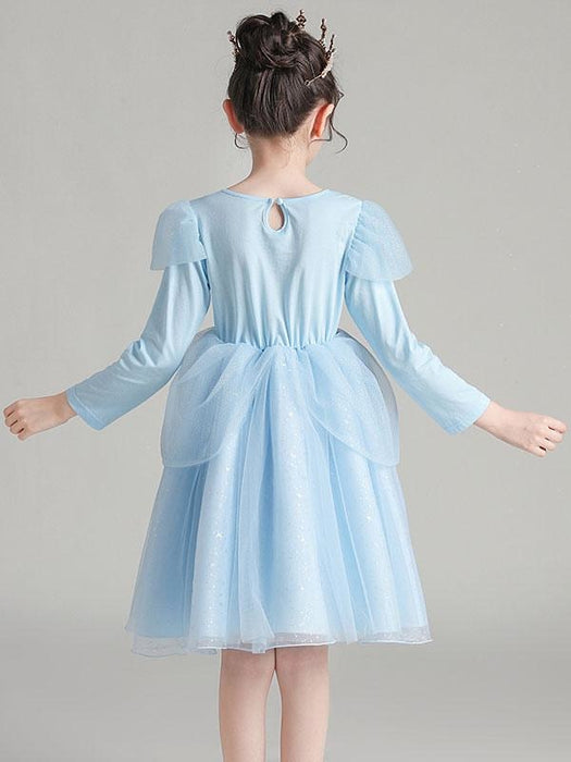 Flower Girl Dresses Light Blue Jewel Neck Polyester Cotton Long Sleeves Knee-Length A-Line Beaded Formal Kids Pageant Dresses