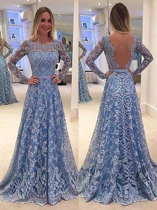 Long Sleeves Lace A-line Floor-Length Bateau With Ruffles Dresses - Prom Dresses