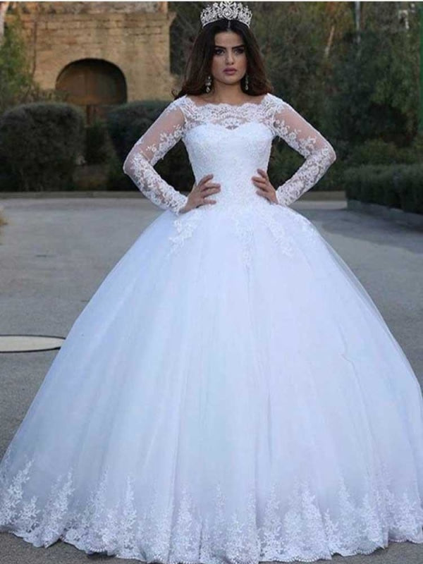 Long Sleeves Lace Appliques Wedding Dresses - White / Floor Length - wedding dresses