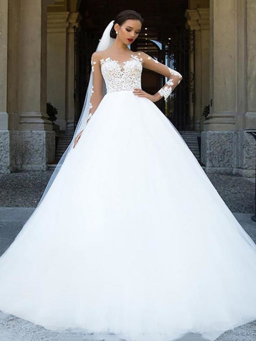 Long Sleeves Lace Ball Gown Tulle Wedding Dresses - White / Floor Length - wedding dresses