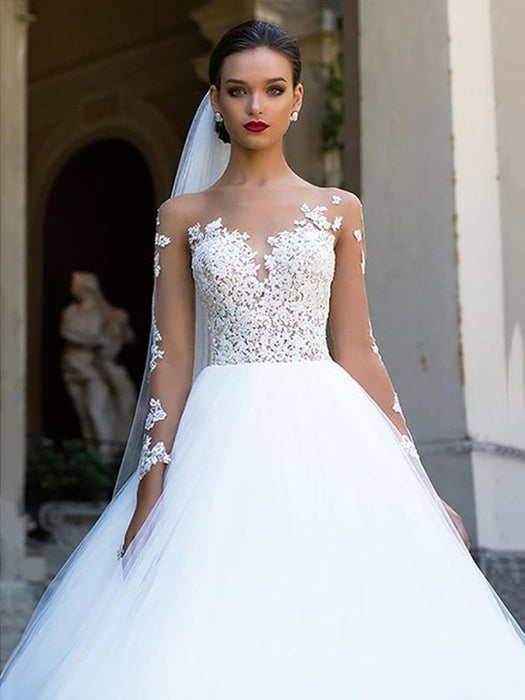Long Sleeves Lace Ball Gown Tulle Wedding Dresses - wedding dresses