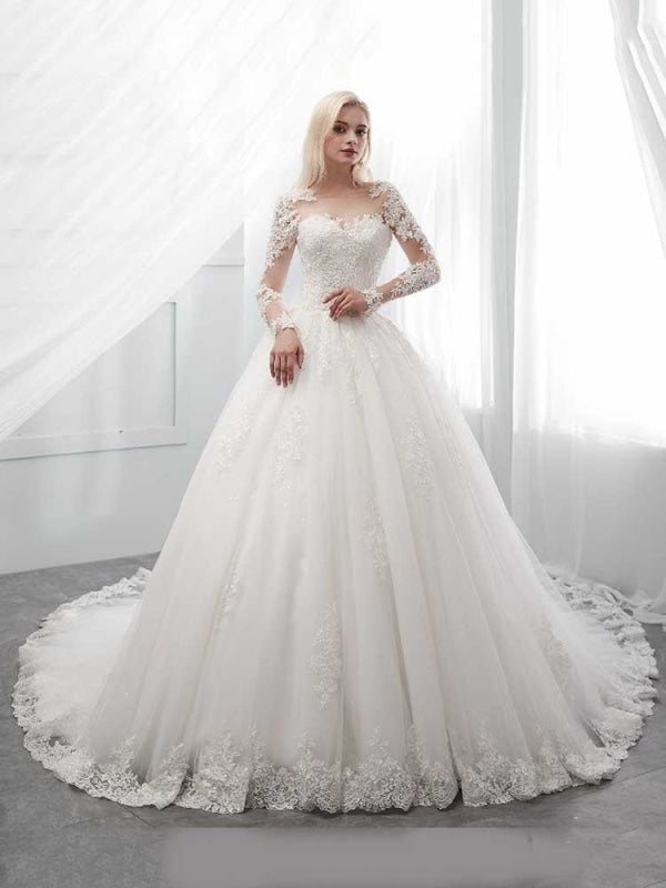 Long Sleeves Lace Ball Gown Wedding Dresses - Ivory / Floor Length - wedding dresses