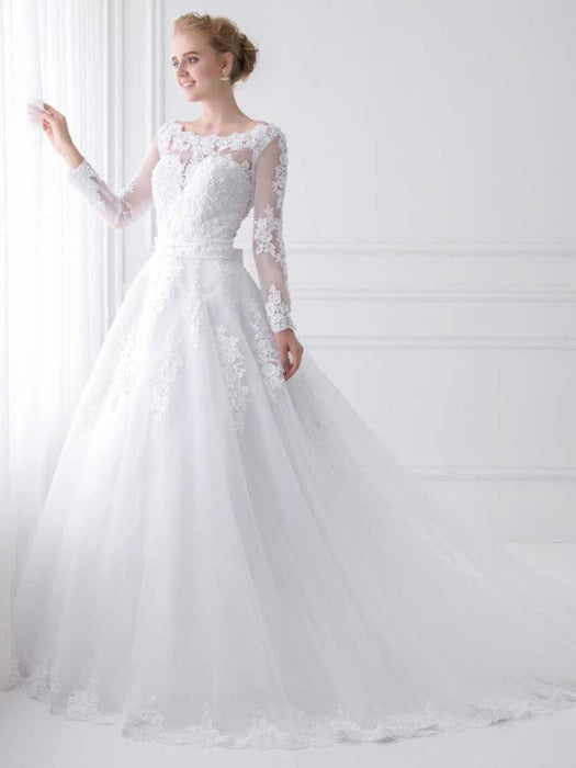 Long Sleeves Lace Ribbon Ball Gown Wedding Dresses - wedding dresses
