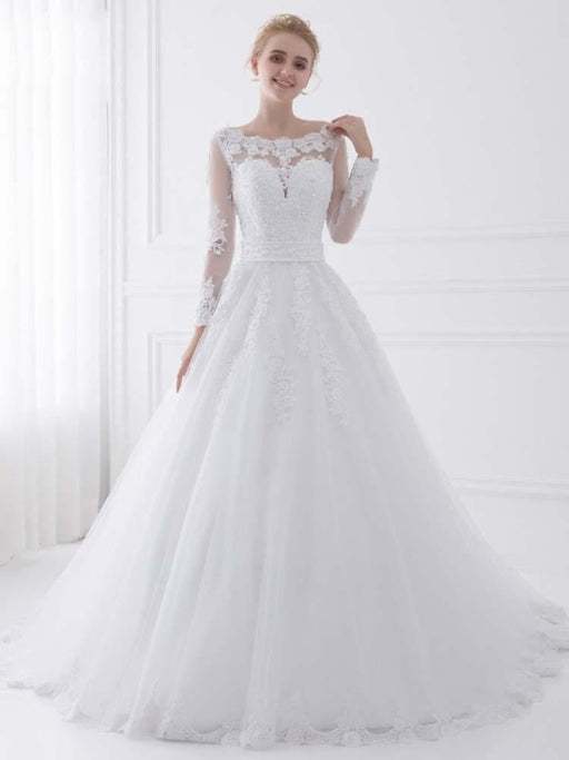Long Sleeves Lace Ribbon Ball Gown Wedding Dresses - White / Floor Length - wedding dresses