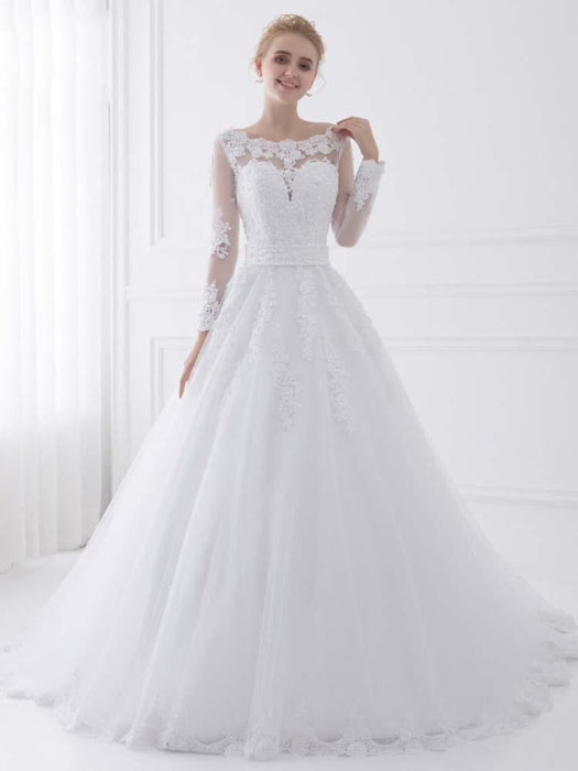 Long Sleeves Lace Ribbon Ball Gown Wedding Dresses - White / Floor Length - wedding dresses