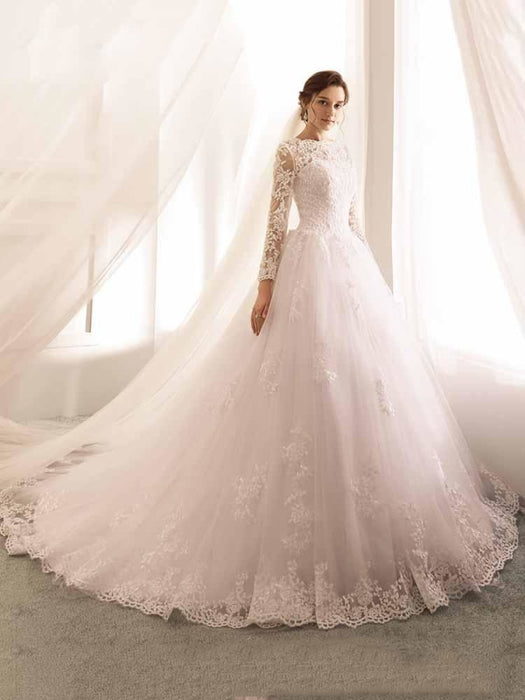 Long Sleeves Lace Tulle Mermaid Wedding Dresses - Ivory / Floor Length - wedding dresses