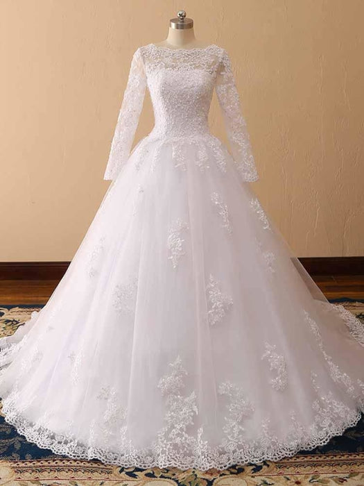 Long Sleeves Lace Tulle Mermaid Wedding Dresses - White / Floor Length - wedding dresses