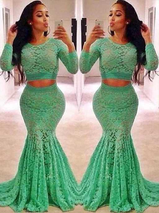 Long Sleeves Lace With Ruffles Sweep/Brush Train Two Piece Dresses - Prom Dresses