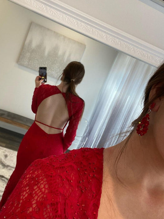 Long Sleeves Mermaid Red Lace Prom Dresses Beaded-Bridelily Long Sleeves Mermaid Red Lace Prom Dresses Beaded-Bridelily
