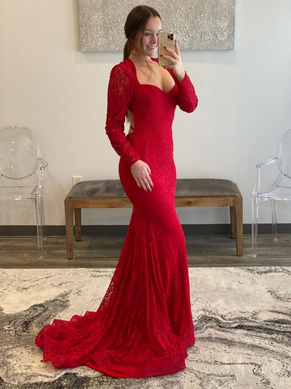 Long Sleeves Mermaid Red Lace Prom Dresses, Long Beaded Red Lace