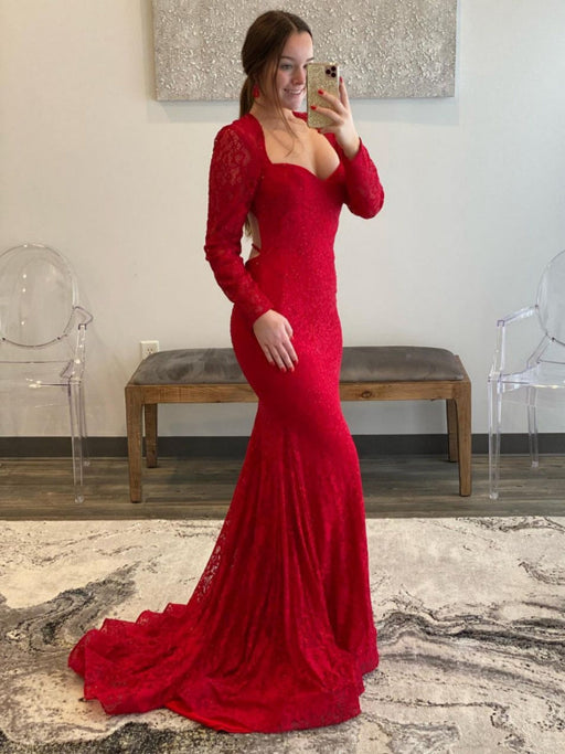 Long Sleeves Mermaid Red Lace Prom Dresses Beaded-Bridelily Long Sleeves Mermaid Red Lace Prom Dresses Beaded-Bridelily