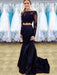 Long Sleeves Mermaid Scoop Neck Two Pieces Lace Black Prom Dresses, Long Sleeves Black Formal Dresses, Black Two Pieces Lace Evening Dresses