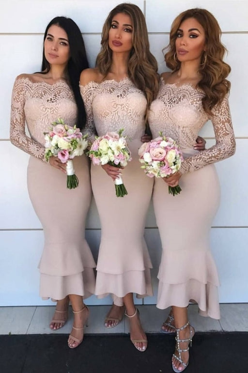 Long Sleeves Mermaid Sheath Lace Bridesmaid Dresses Elegant Wedding Party Dresses - Bridesmaid Dresses