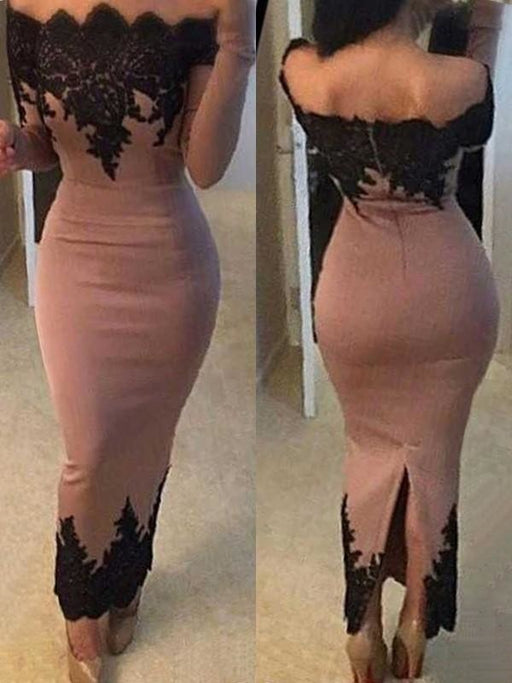 Long Sleeves Off-The-Shoulder Ankle-Length With Applique Satin Dresses - Prom Dresses