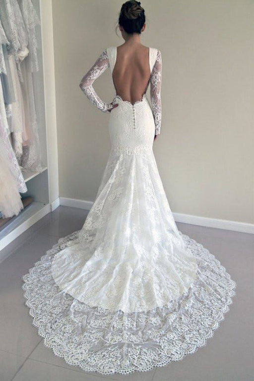 Long Sleeves Open Back Lace with Train Mermaid Beach Wedding Dress - Wedding Dresses