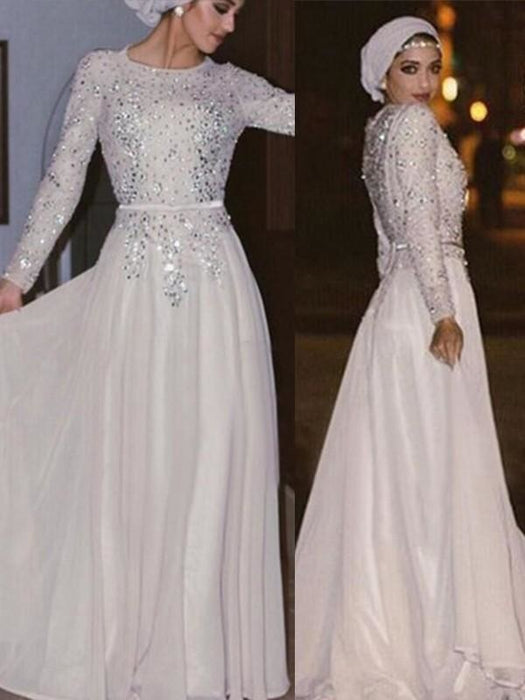 Long Sleeves Scoop A-line Floor-Length Crystal Chiffon Muslim Dresses - Prom Dresses