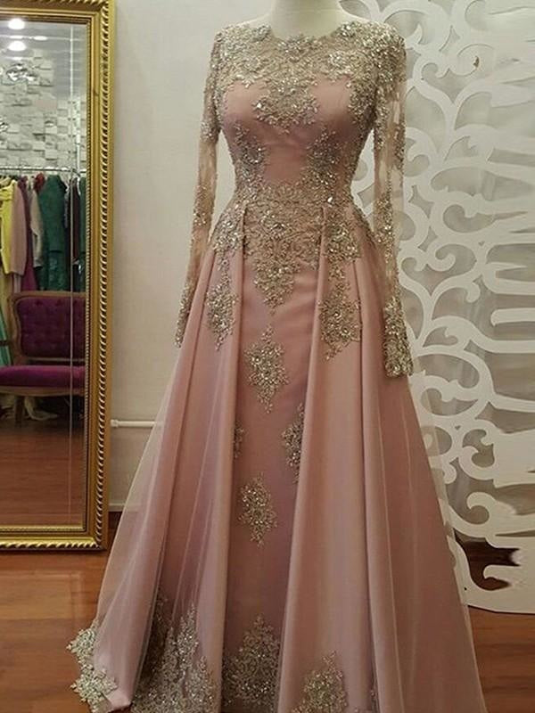 Long Sleeves Scoop Floor-Length With Applique Tulle Muslim Dresses - Prom Dresses