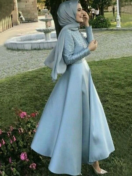 Long Sleeves Scoop Floor-Length With Beading Satin Muslim Dresses - Prom Dresses