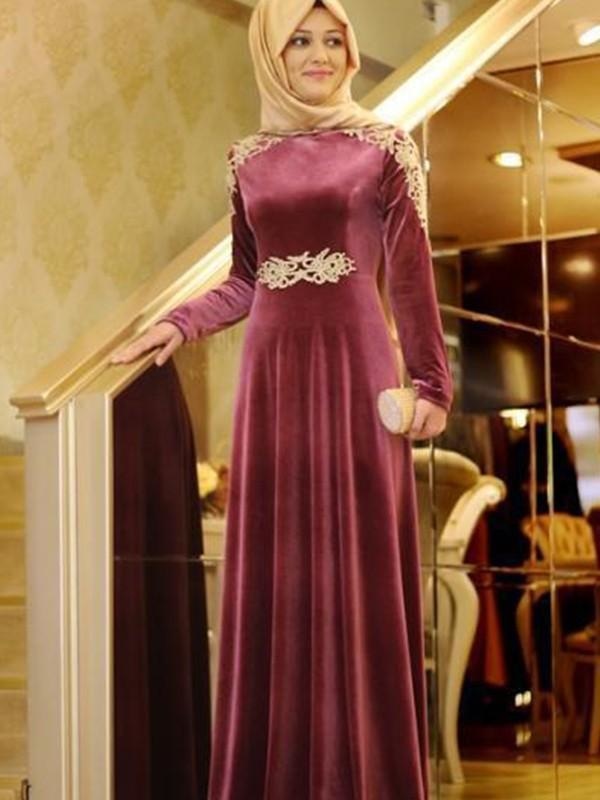 Long Sleeves Scoop Floor-Length With Ruffles Velvet Muslim Dresses - Prom Dresses