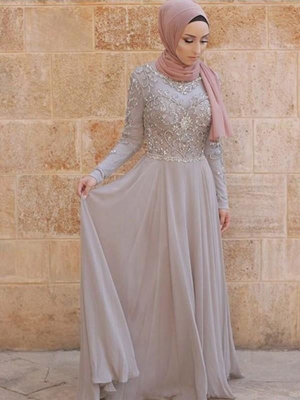 Long Sleeves Scoop Sweep/Brush Train Crystal Tulle Muslim Dresses - Prom Dresses