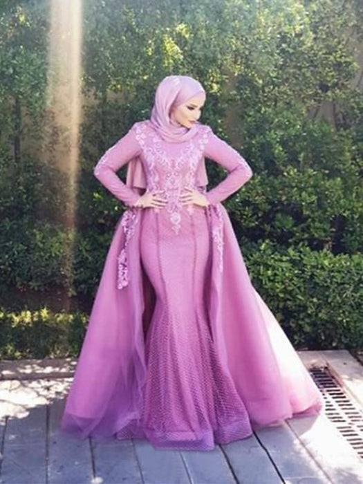 Long Sleeves Scoop Sweep/Brush Train With Applique Net Muslim Dresses - Prom Dresses