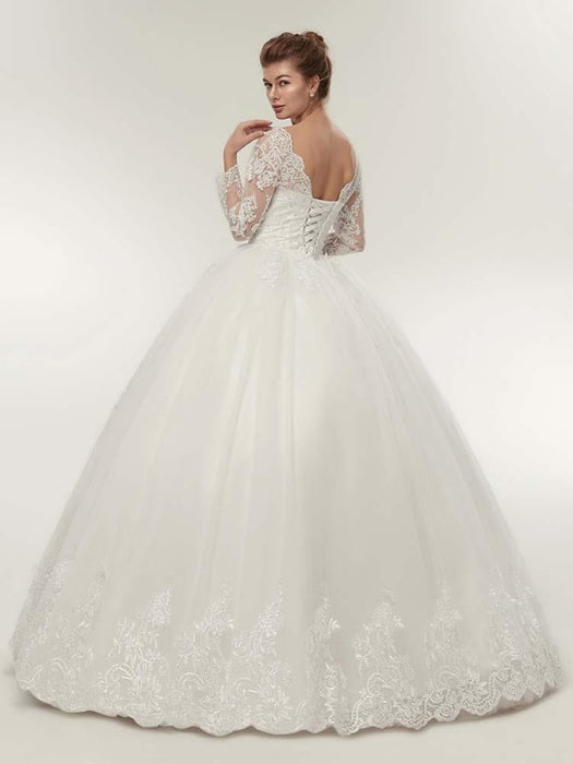 Long Sleeves V-Neck Ball Gown Lace Wedding Dresses - wedding dresses