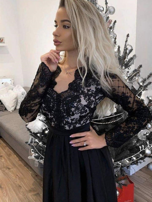 Long Sleeves V Neck Black Lace Long Prom with High Slit, Long Sleeve B Bridelily Long Sleeves V Neck Black Lace Long Prom with High Slit, Long Sleeve B Bridelily