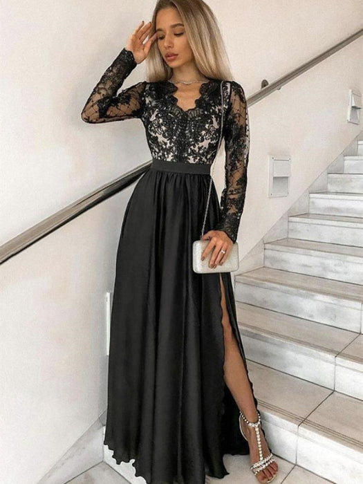 Long Sleeves V Neck Black Lace Long Prom with High Slit, Long Sleeve B Bridelily Long Sleeves V Neck Black Lace Long Prom with High Slit, Long Sleeve B Bridelily