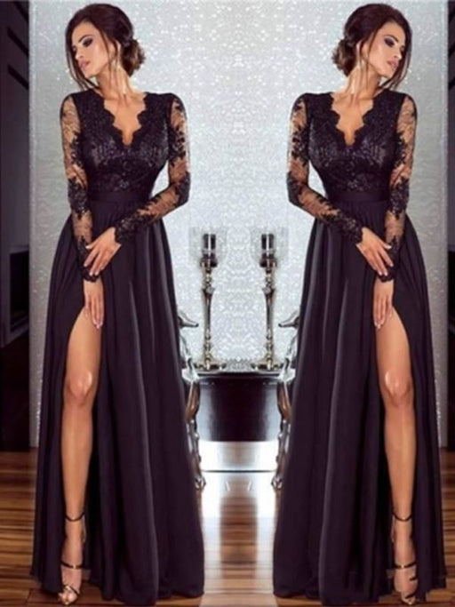 Long Sleeves V-Neck Floor-Length Lace Chiffon With Applique Dresses - Prom Dresses