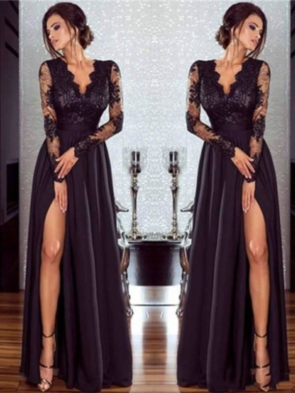 Long Sleeves V-Neck Floor-Length Lace Chiffon With Applique Dresses - Prom Dresses