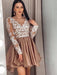 Long Sleeves V Neck Short Champagne Lace Prom Dresses, Champagne Lace Formal Graduation Homecoming Dresses
