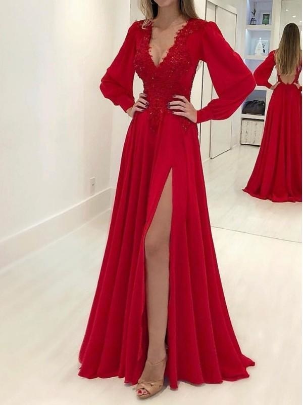Long Sleeves V-Neck Sweep/Brush Train With Applique Chiffon Dresses - Prom Dresses
