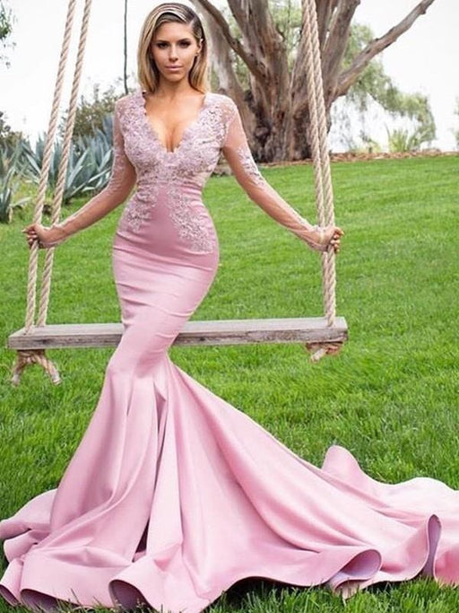 Long Sleeves V-Neck Sweep/Brush Train With Applique Satin Dresses - Prom Dresses