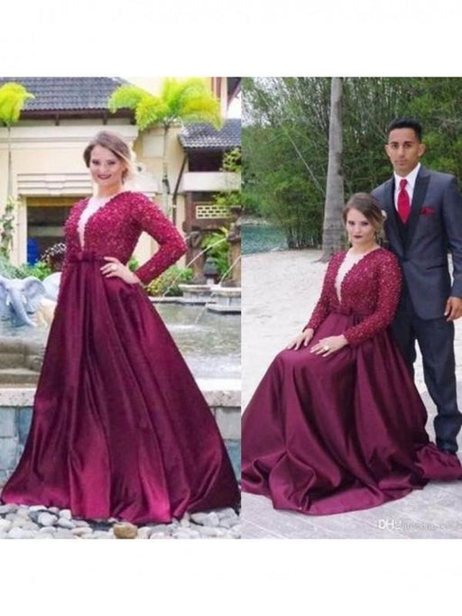 Long Sleeves With Beading Sweep/Brush Train Satin Plus Size Dresses - Prom Dresses