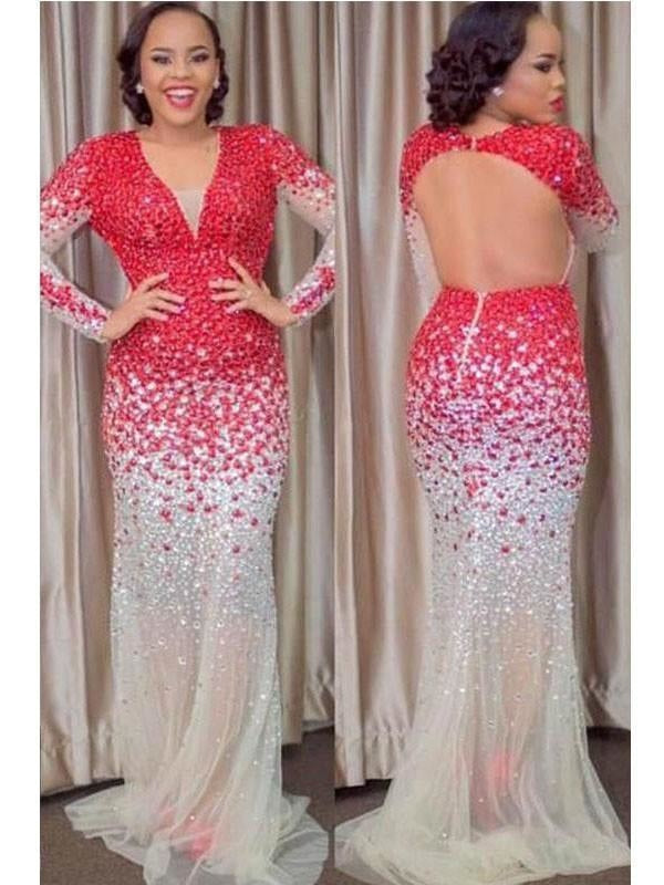 Long Sleeves With Beading Sweep/Brush Train Tulle Plus Size Dresses - Prom Dresses